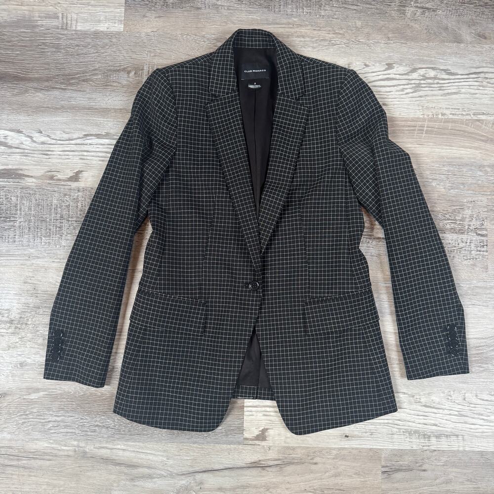 Club Monaco Borrem Wool Windowpane Blazer Black White Tailored Quiet Luxury 2